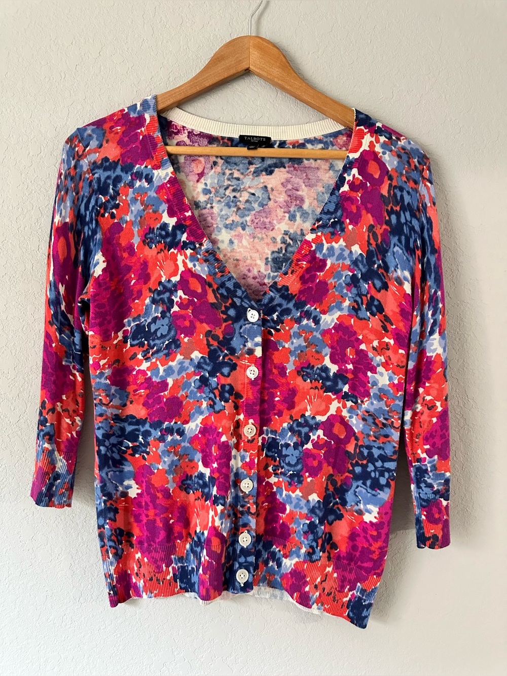Talbots Bright Floral Button-Front Cardigan in Pink, Blue & Coral